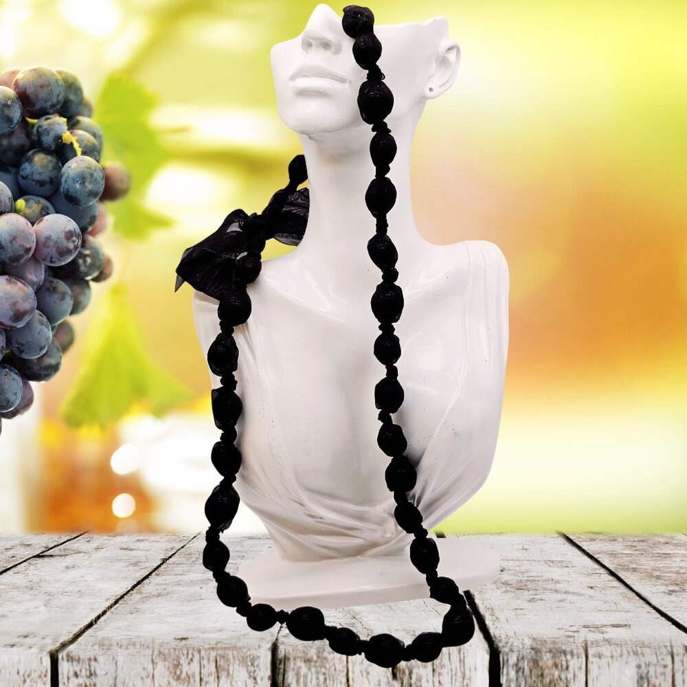Black Netted Bead Necklace with Ribbon Tie Lightweight Statement Layering Piece